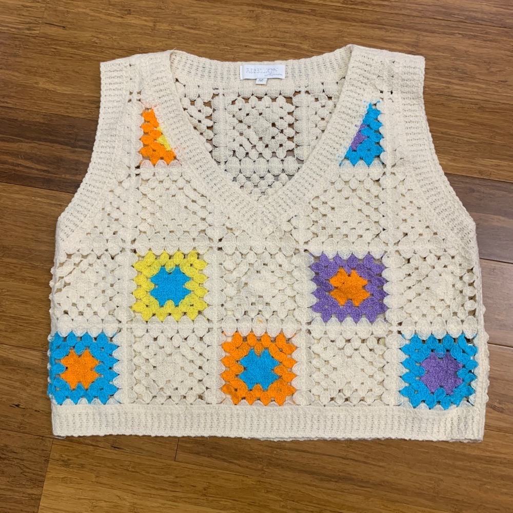 Rebellion Again Crochet Vest Womens Size Medium Granny Square Sleeveless Top